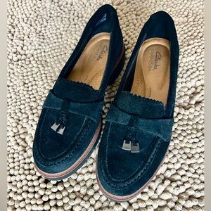 Clarks Black Suede Tassel Loafers for Women